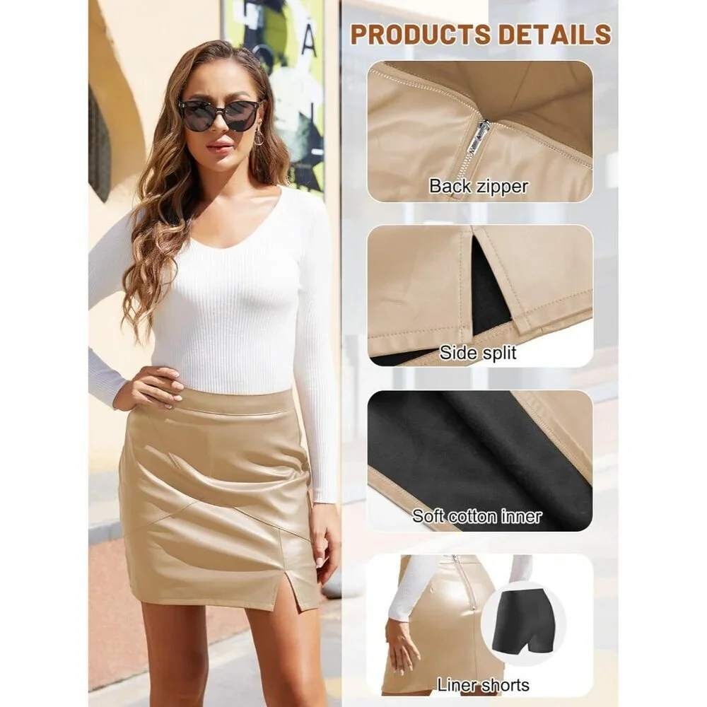 Women's Apricot Fuax Leather Zipper High Waisted Bodycon Pencil Mini Skirts